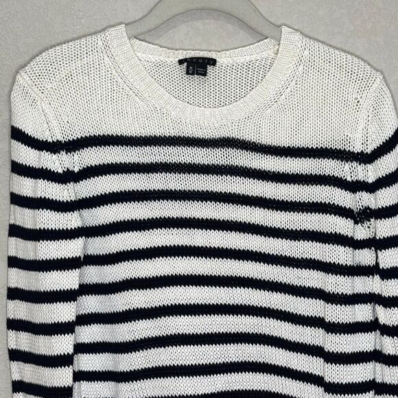 THEORY Poised Saida Striped Cotton Sweater Size Medium Navy Cream - Picture 4 of 8